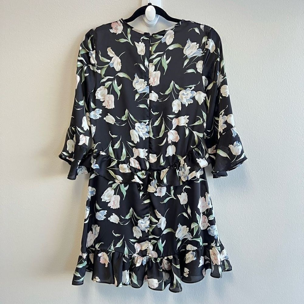 NWT Avec Les Filles Black Floral Print Ruffle A Line Mini Dress Size 6 - Picture 7 of 13